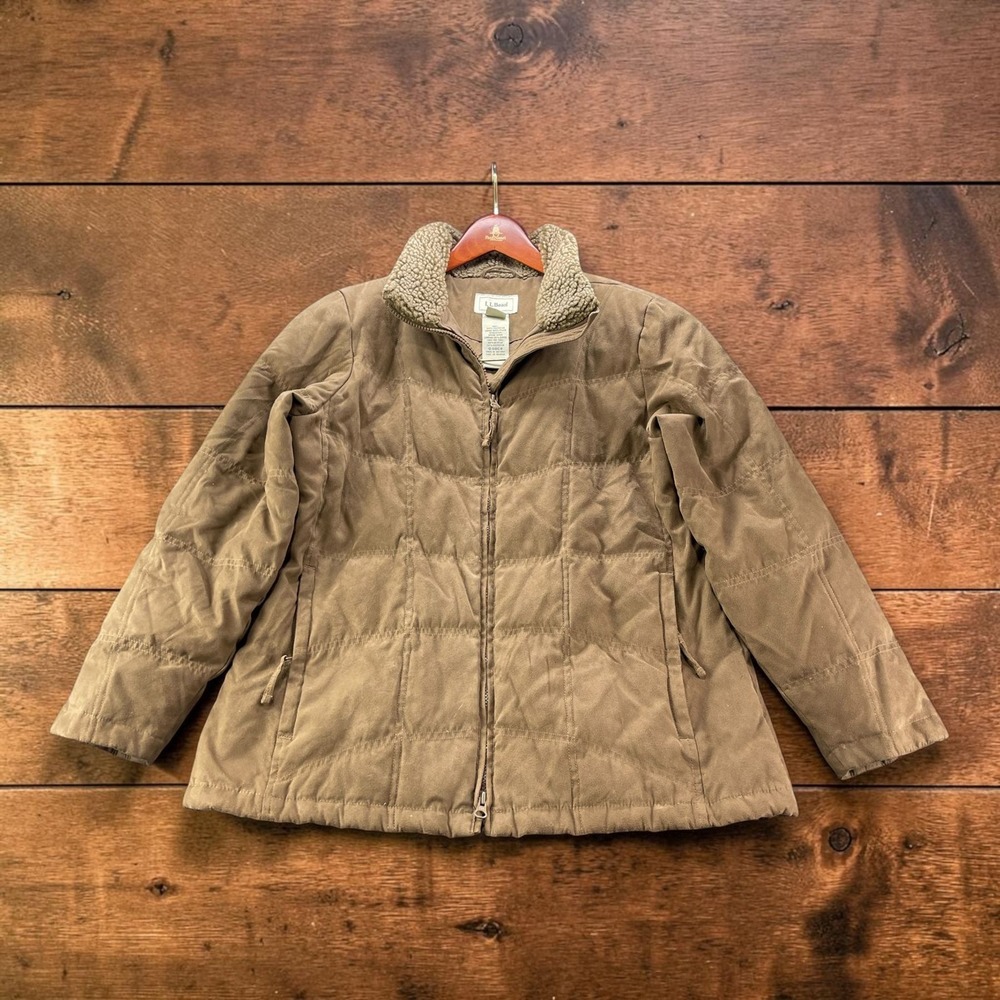 LL Bean Womens L Petite Goose Down Puffer Jacket Tan Faux Suede Sherpa Collar
